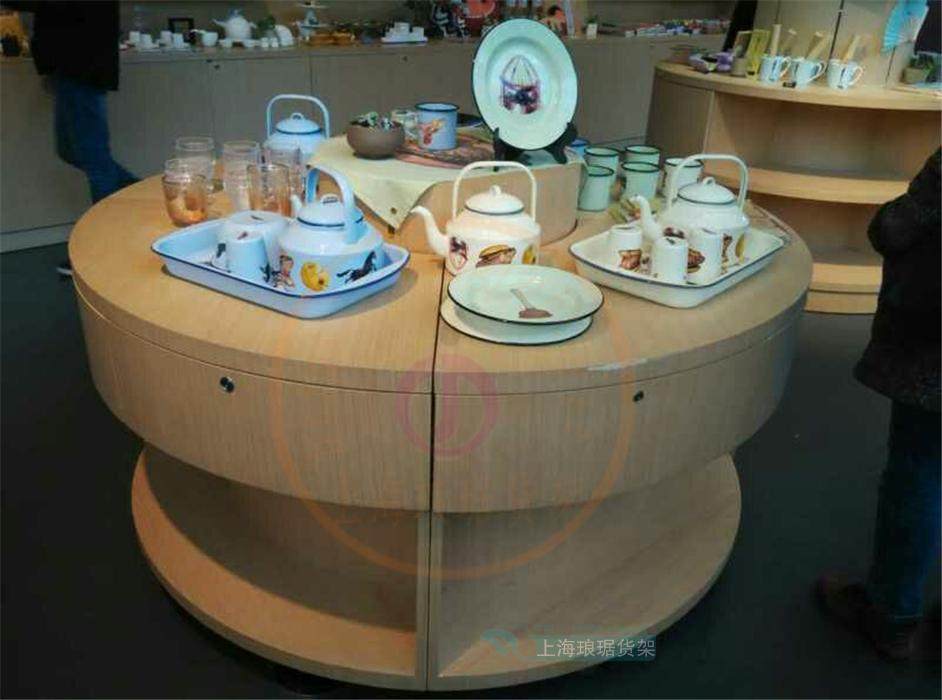 高档木纹圆形展示台餐具食品展示柜数码柜台手机体验桌中岛展示柜