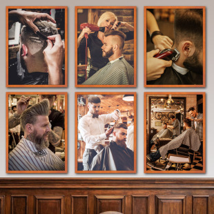 barbershop男士油头馆发型图片装饰画复古怀旧理发店挂画发廊壁画
