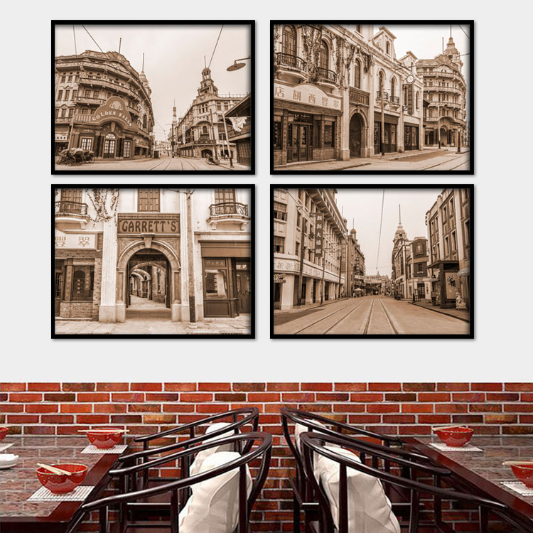 老上海装饰画民国上海滩弄堂酒店挂画火锅店复古怀旧街景背景墙画