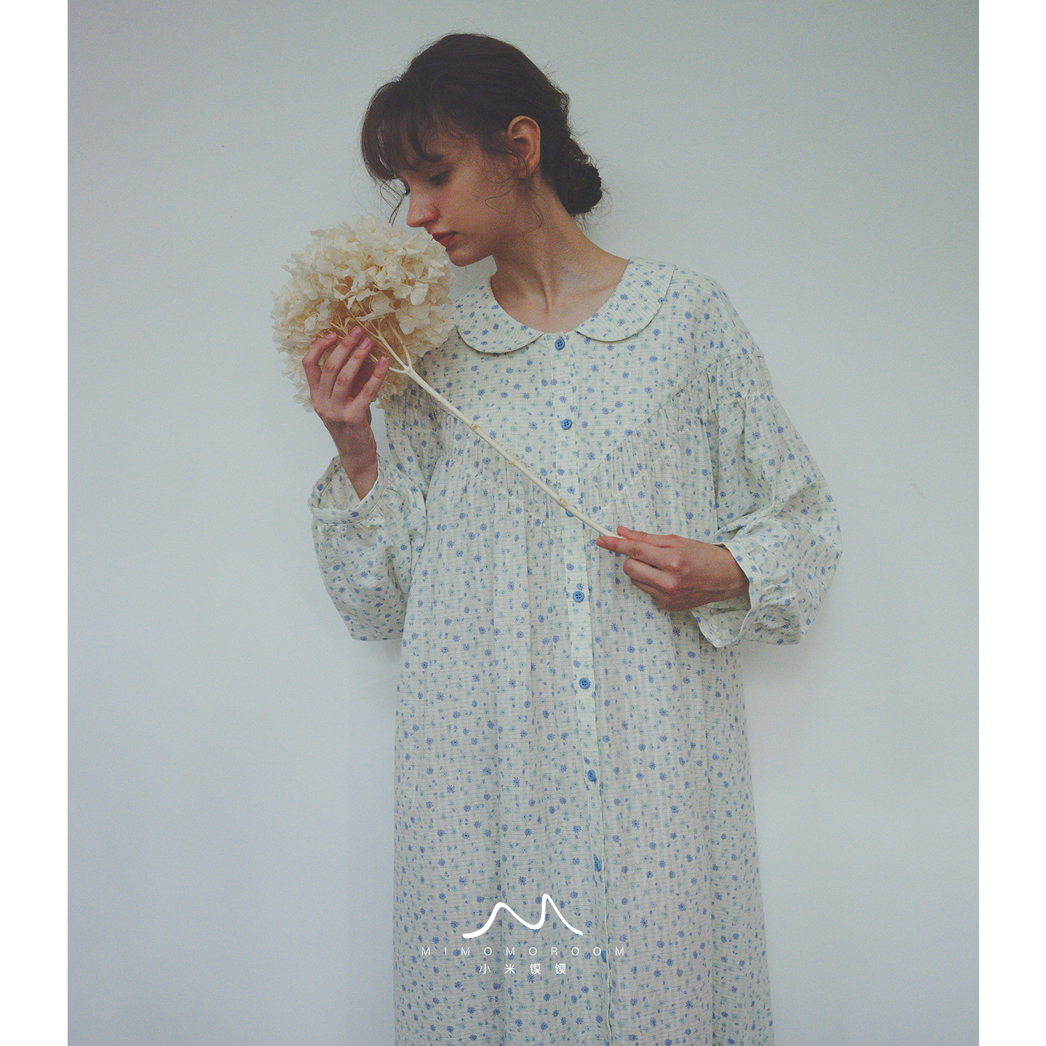 蓝调碎花|原创文艺田园风少女长袖睡裙复古娃娃领棉质家居服睡衣