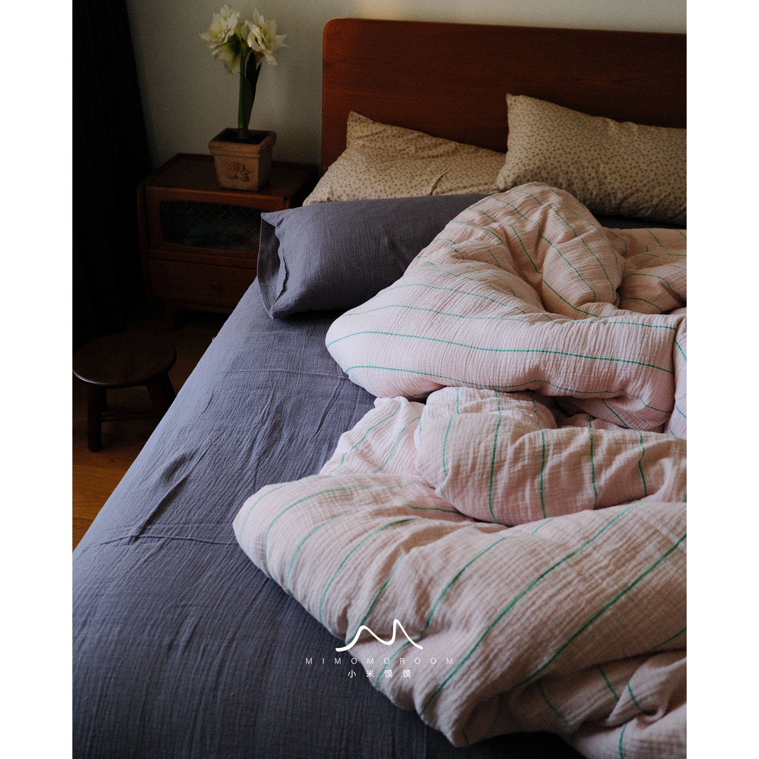素粉绿条纹·色织纯棉纱碎花条纹秋冬被套床单床笠五件套赠1枕套