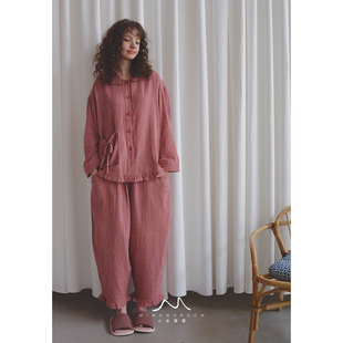 新年红格纹·木耳边甜美娃娃领长袖睡衣套装纯棉色织双层纱家居服