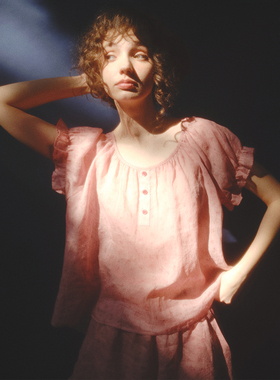 初夏海棠粉碎花原创短袖短裤睡衣100支苎麻纱夏季凉爽家居服套装