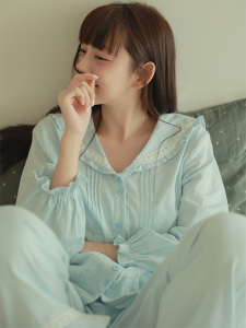 浅海蓝海军风套装 温柔简约纯棉纱布软糯长袖家居服清新睡衣早秋