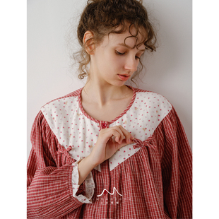 小红格苹果熊熊酱拼接复古风长袖长裤睡衣纯棉纱家居服套装2026春