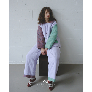 棉麻拼色撞色拼布夹棉加厚复古家居服套装秋冬保暖棉服女生新款