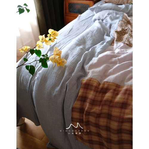 春野余絮·手工拼接复古格子碎花纯棉四件套1.8床单床笠赠1枕套
