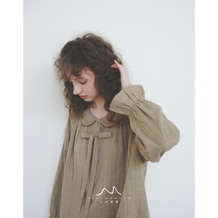 竹露清|纯棉纱复古风蝴蝶结格纹长袖长裤睡衣套装女家居服可外穿