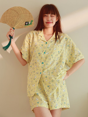 芥末黄碎花兔2024版型升级纯棉双层纱布短袖长短裤睡衣家居服春夏