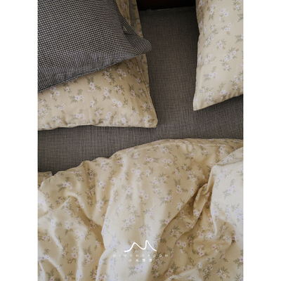 花酿格纹丨纯棉双层纱浅黄碎花床单被套日式四五件套床品秋冬新25