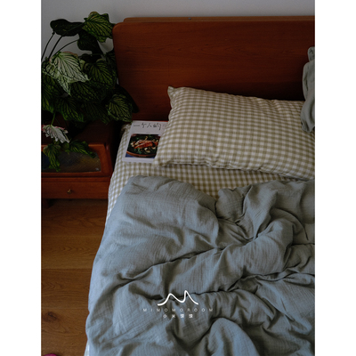 绿间絮语·森系格纹四件套秋冬纯棉双层纱被套床单床笠式1.8m床品