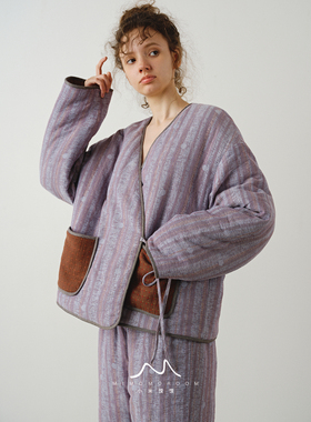 酱紫色条纹色织小提花加厚秋冬保暖长袖棉服套装家居服内外棉布