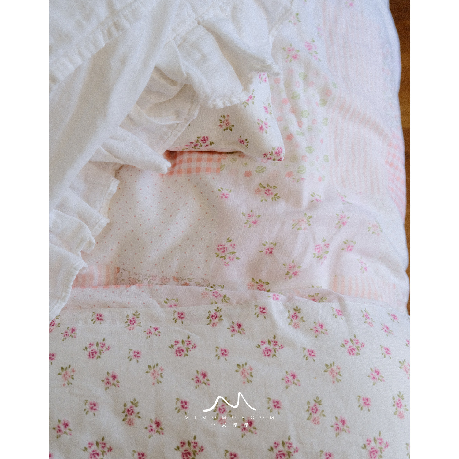 白底小玫瑰拼布风格纯棉双层纱碎花条纹床单被套田园风四件套床品