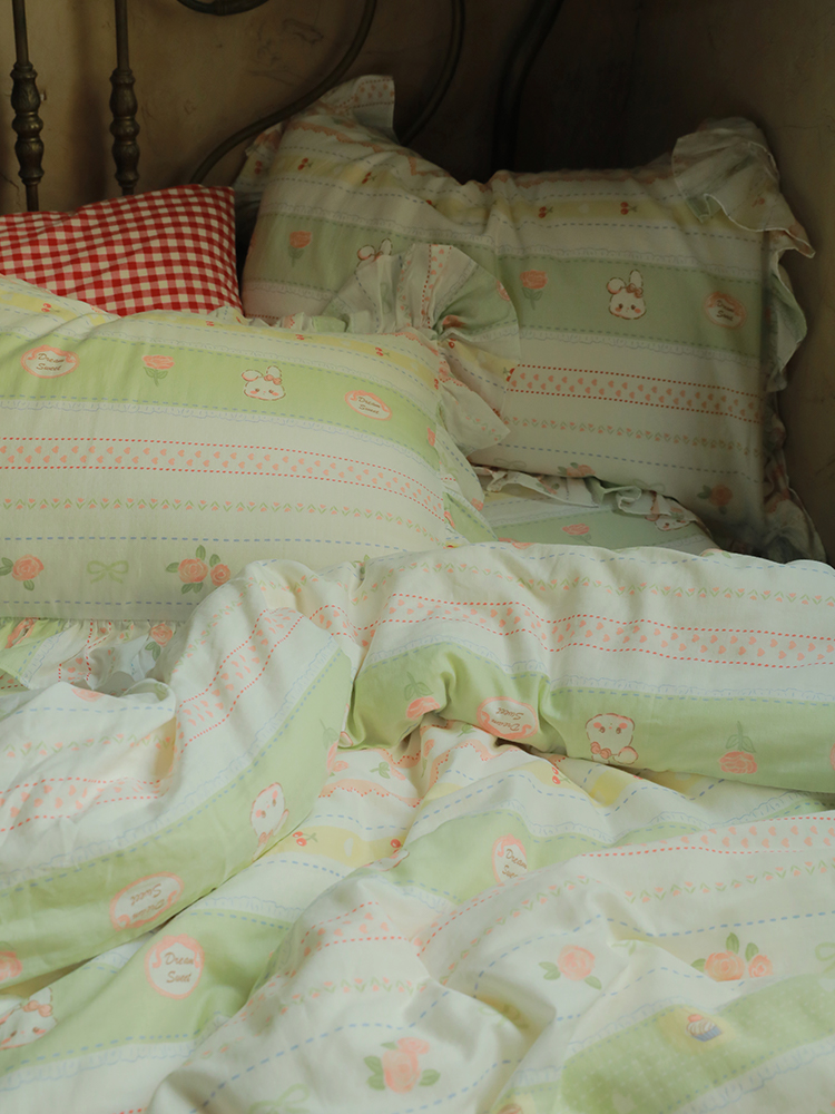 抹茶奶味兔 馍馍纯棉双层纱卡通床单床笠被套枕套宿舍单双人床品
