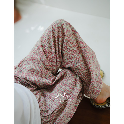 馍馍丨碎花叙粉紫田园风百搭纯棉双层纱柔软家居长裤睡裤可外穿新