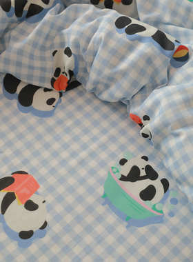 是花花吖！@蓝格胖胖熊|纯棉双层纱可爱熊猫单件床单床笠被套枕套