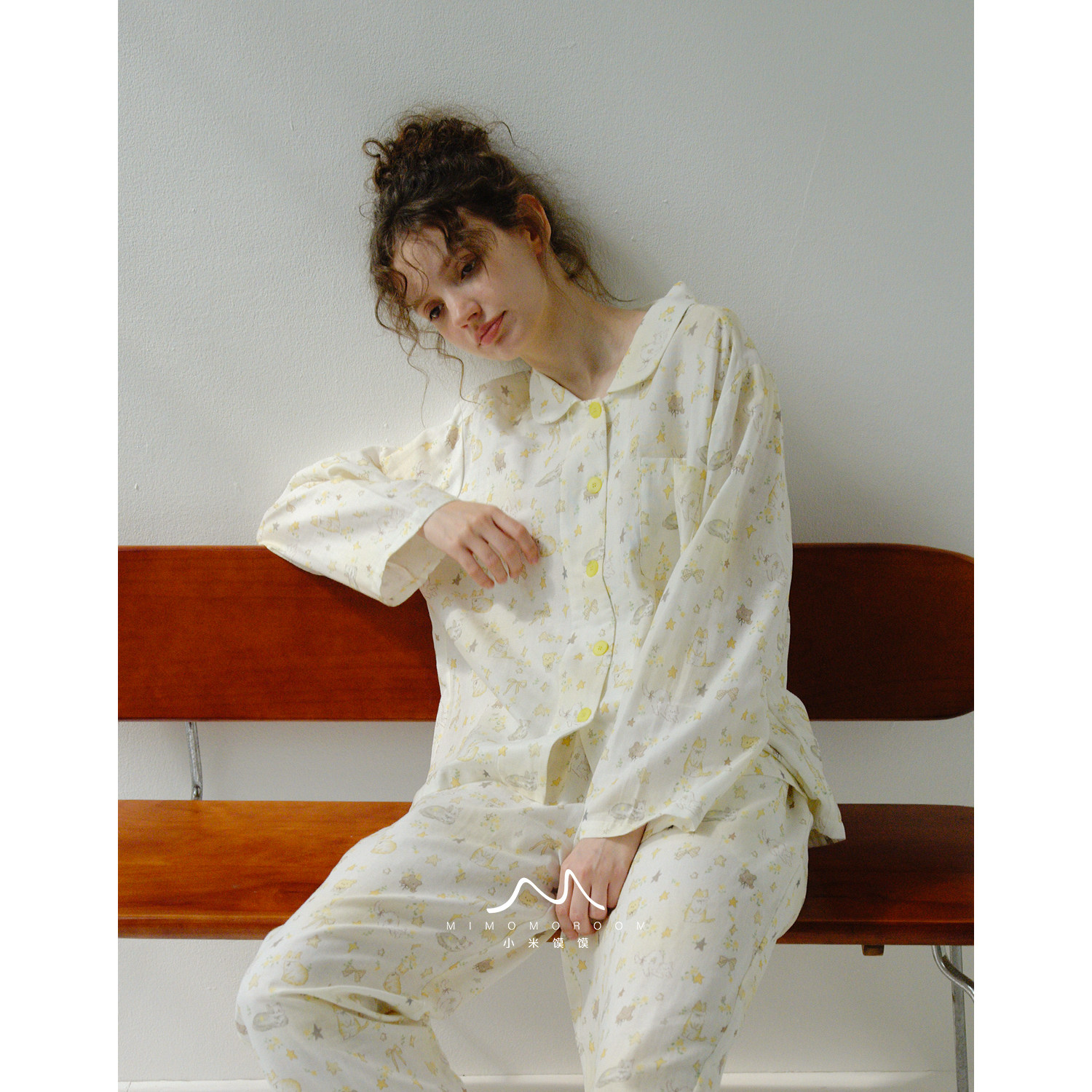 奶黄星星猫&middot;卡通可爱纯棉纱布睡衣清新可外穿居家服套装新款早春