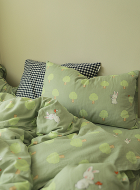 馍馍丨绿树小糕兔 可爱卡通宿舍纯棉双层纱小众床单被套床笠1.2米