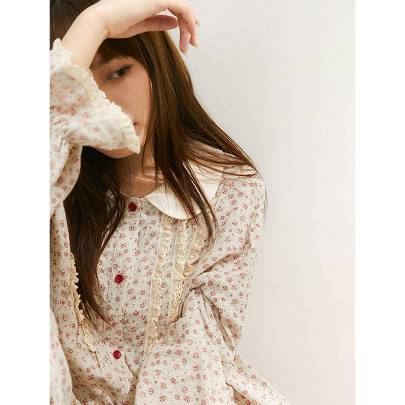 花间岛娃娃领长袖碎花睡衣清