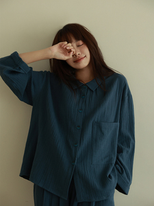 冬款加厚色织皱皱纱qiao显白的蓝高端纯棉复古风家居服睡衣套装