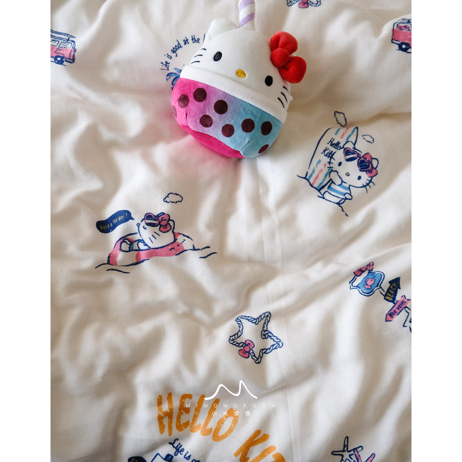 沙滩KITTY丨纯棉双层纱卡通可爱春夏卧室床单被套床笠枕套单件1.2