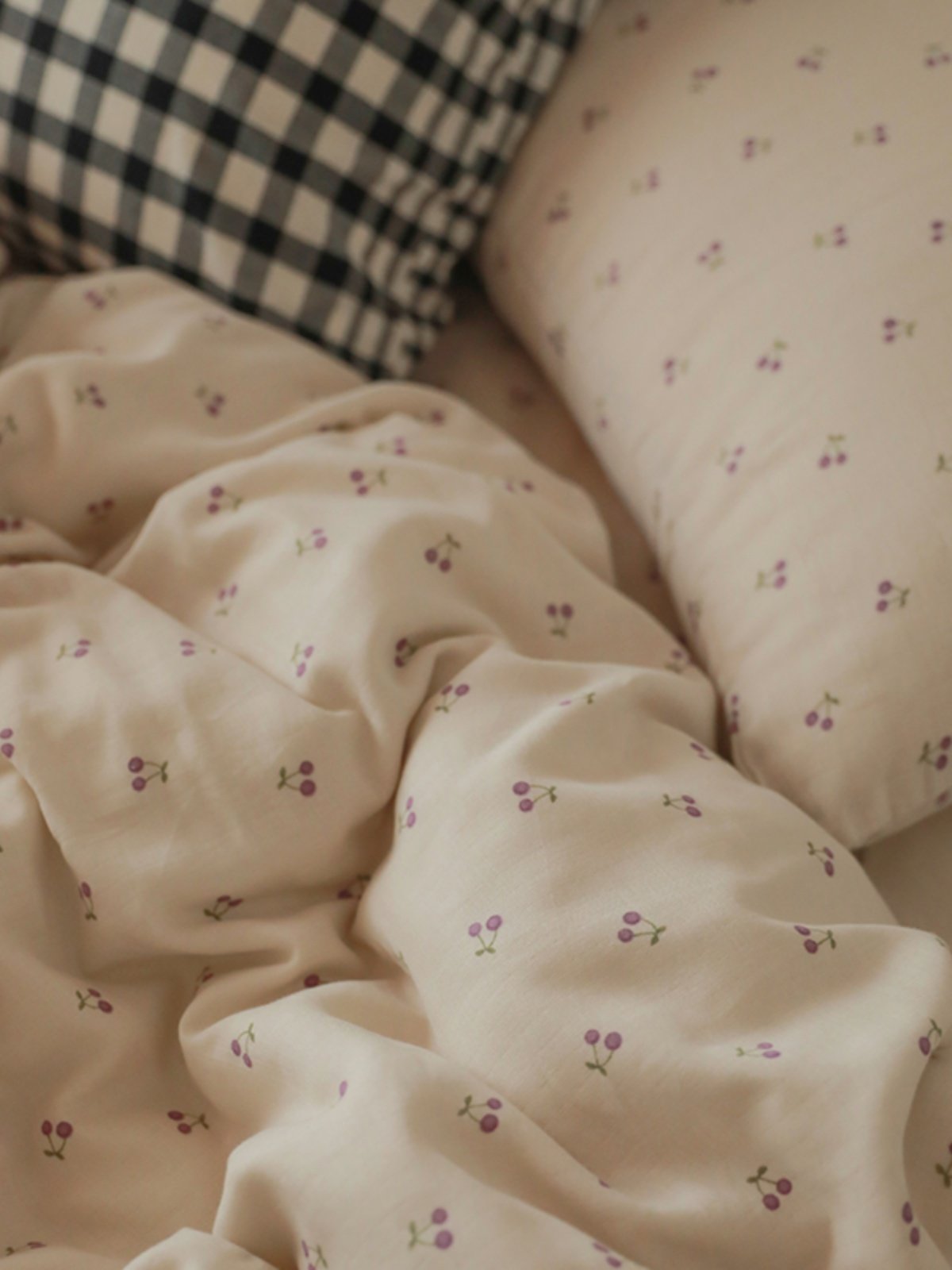 奶杏紫樱桃|少女风透气纯棉双层纱被套枕套床单床笠1.2米学生宿舍