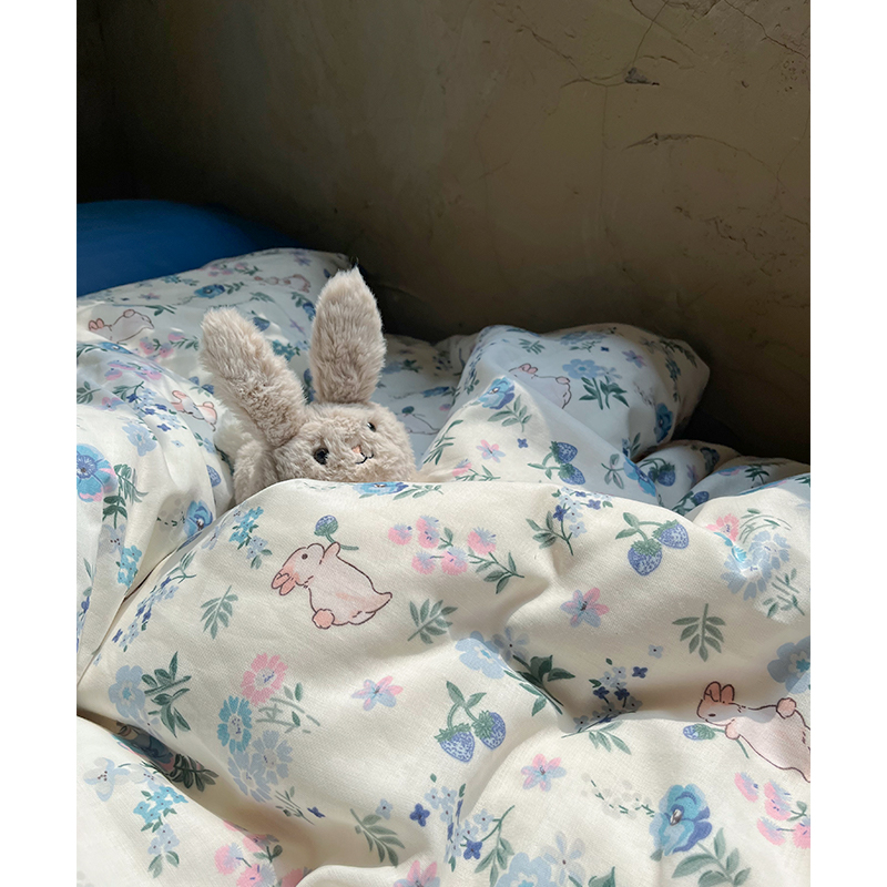 蓝色花枝兔|可爱碎花兔宿舍1.2米纯棉双层纱春季床单被套床笠枕套