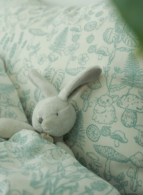 绿色芭蕉兔~纯棉100双层纱卡通手绘少女透气床单被套床笠三四件套