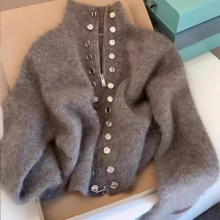 灰色重工双排扣立领毛衣外套女秋冬加厚感慵懒拉链针织衫上衣
