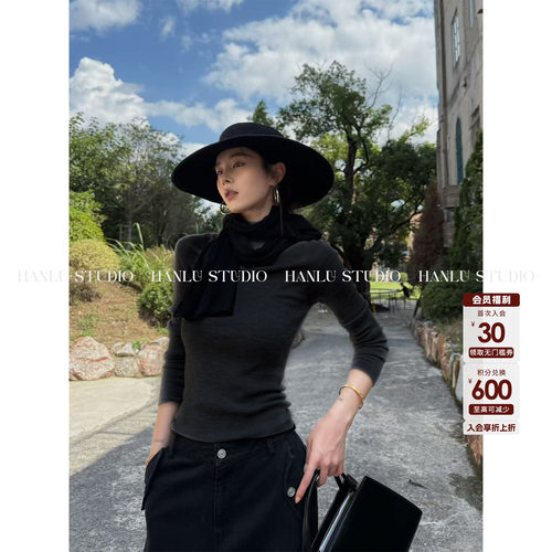 HanLu studio超细100精纺羊毛中高领打底花灰色针织长袖上衣