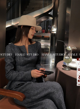 HanLu studio原创设计高知感立裁收腰伞摆长袖花蓝色上衣