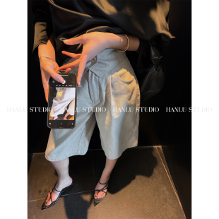 中裤 小众原创100棉拼接腰封可拆卸直筒燕麦灰五分裤 STUDIO HANLU