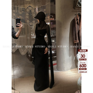 HanLu 半身裙黑 studio小众原创暗黑先锋解构设计斜纹毛呢羊毛长款