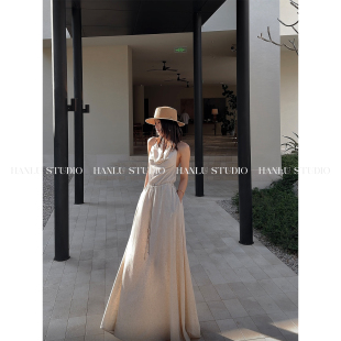 STUDIO品牌ss26原创棉麻挂脖露背定制原麻色纹理收腰连衣裙 HANLU