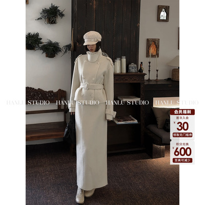 HanLu studio品牌 手工坊系列100绵羊毛直筒高腰显瘦米白色半身裙