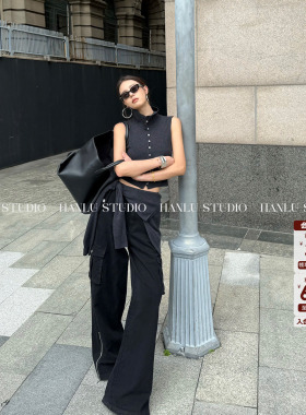 HanLu studio极简百搭羊毛高领炭灰色无袖上衣背心