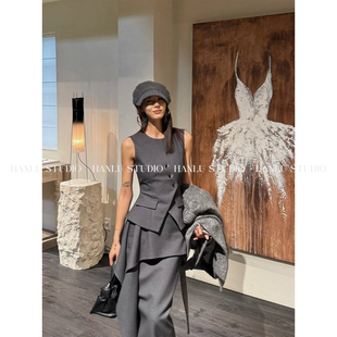 HanLu 马甲 studio品牌线·小众定染炭灰收腰显瘦立裁醋酸斜纹无袖