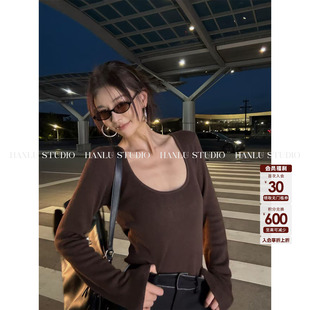绵羊毛前后两穿圆领咖色长袖 面膜针织 打底 studio超细 HanLu