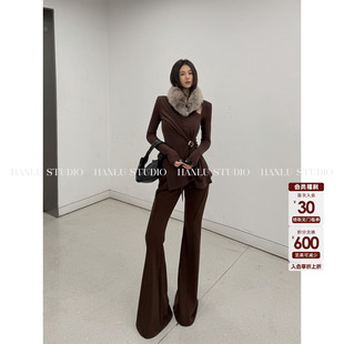 HANLU STUDIO品牌时髦腿精精裁解构感羊毛桑蚕丝高腰显瘦微喇长裤