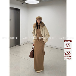 HanLu studio品牌小众原创高领不规则羊毛莱赛尔镂空咖色打底上衣