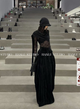 HanLu studio小众原创精裁解构设计竖条黑色长款丝绒垂感半身裙秋