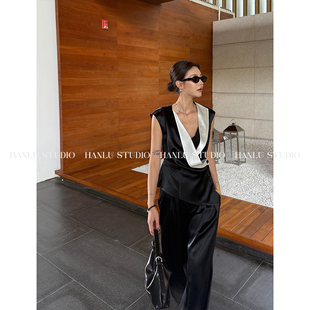 套装 HanLu studio解构设计明线拱针醋酸不对称拼接马夹高腰长裤