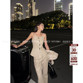 HanLu studio品牌线·小众原创高级感奶茶色棉感立裁收腰皮吊带