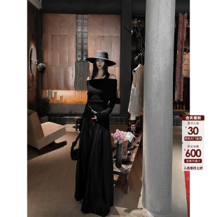 HANLU STUDIO品牌时髦精立裁重工压皱设计高腰A字裙气质皮伞裙黑