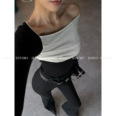 HanLu studio原创小众高知感时髦简约黑白不规则领型羊毛长袖上衣