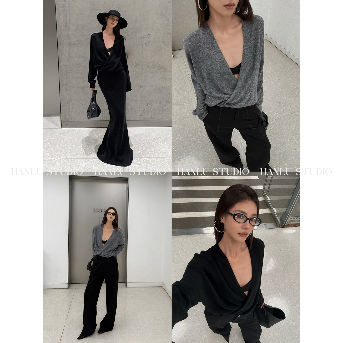 HanLu studio极简高级感羊毛山羊绒荡领蝙蝠长袖v领上衣黑灰色