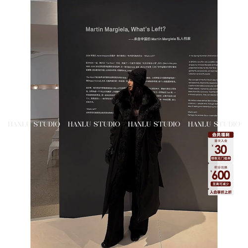 HANLU STUDIO品牌鹅绒服拼接真狐狸毛领小众翻领长款保暖外套黑