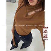 HanLu studio小众原创立裁拼接镂空飘带棉檀褐色打底上衣