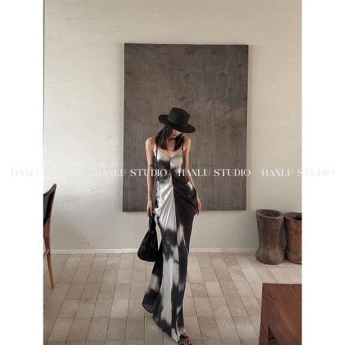HanLu studio品牌小众解构中古水墨晕染手工编织飘带吊带长连衣裙