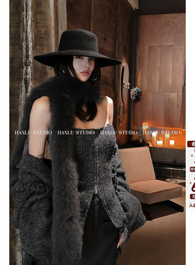 HANLU STUDIO品牌软糯花灰色拉链羊毛抹胸秋冬内搭可外穿露肩上衣